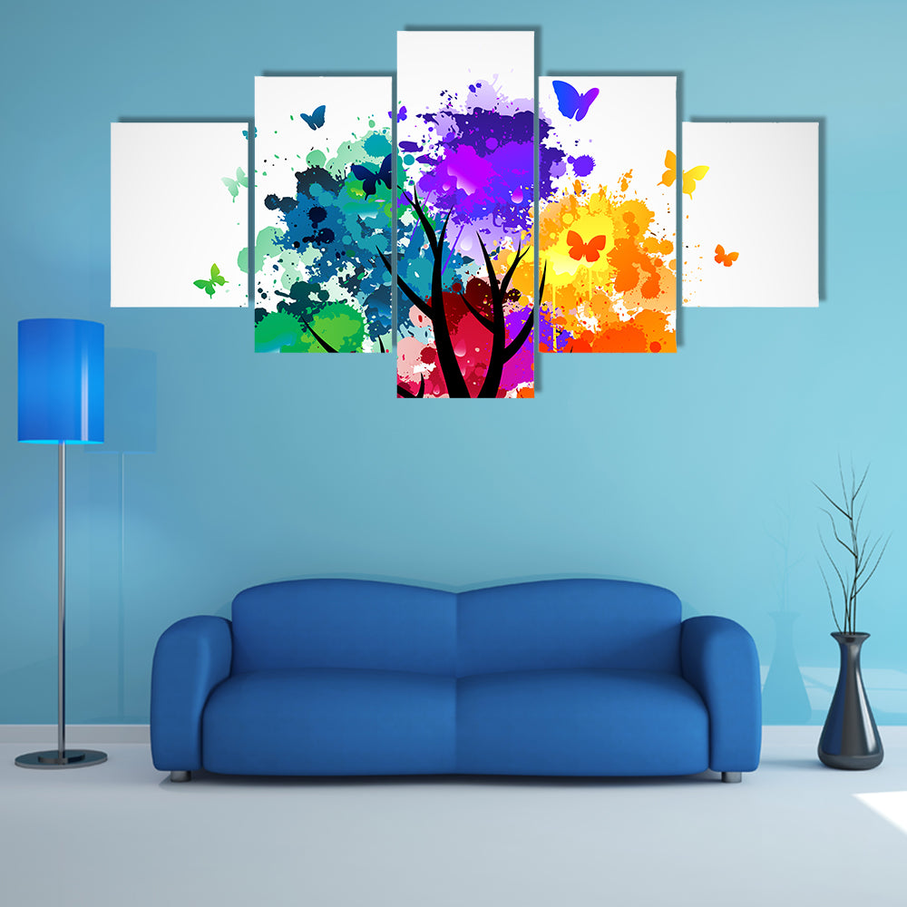 Colorful Butterflies On Tree Canvas Wall Art
