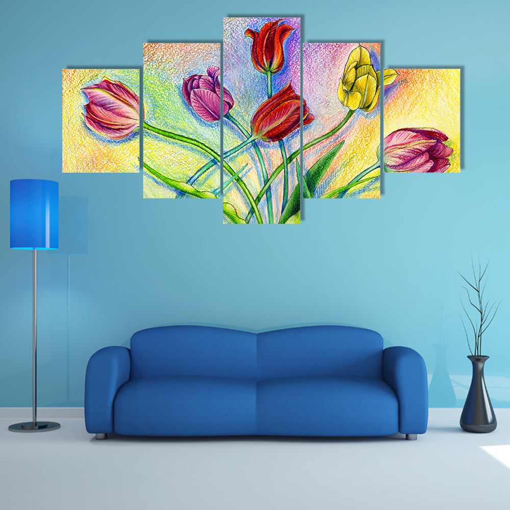 Multicolor Pencils Tulips Canvas Wall Art