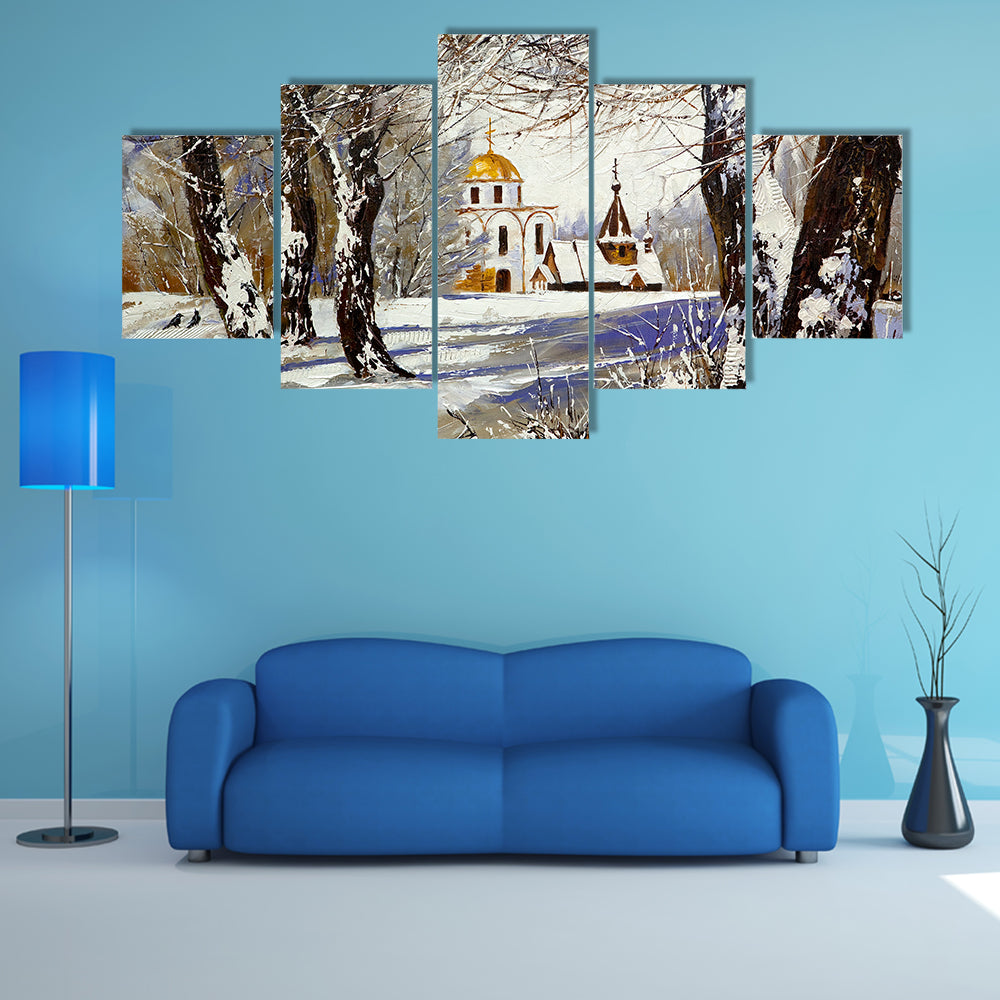 Church In Winter Wood Canvas Wall Art