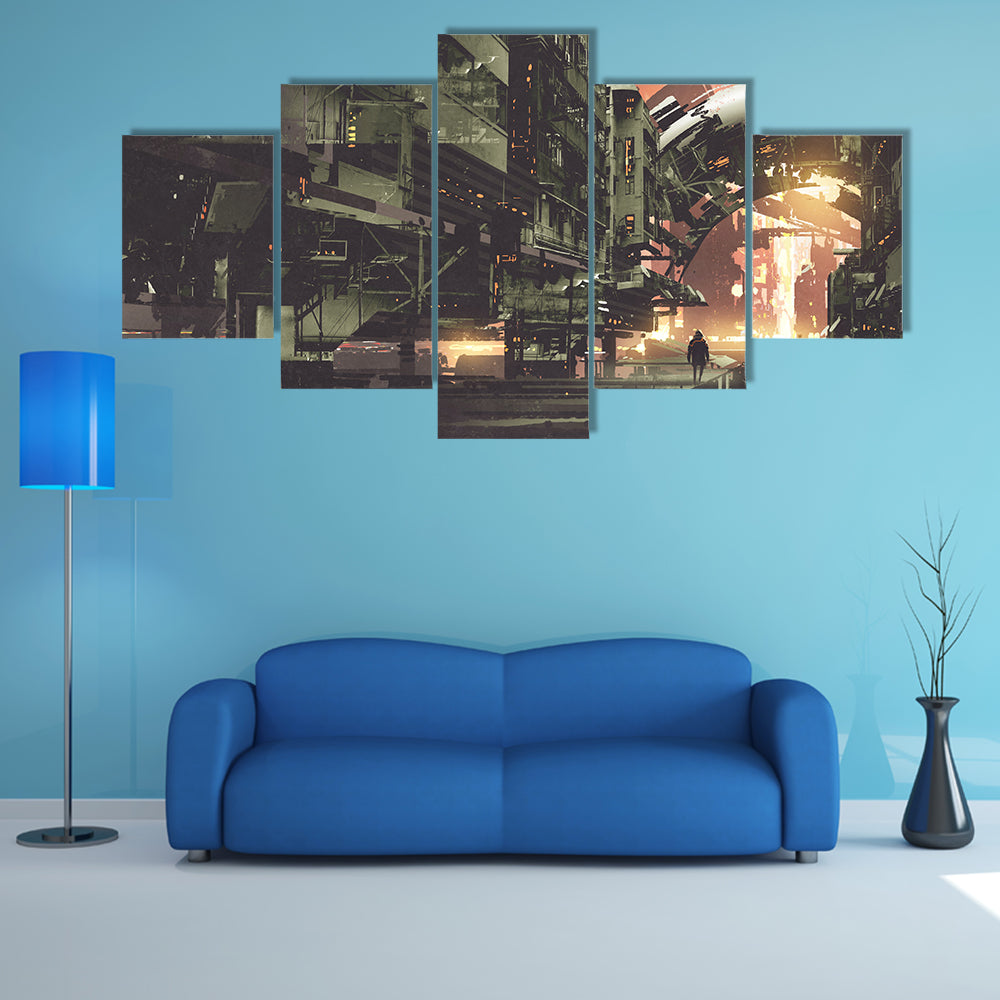 Cyberpunk City With Futuristic Buildings Canvas Wall Art