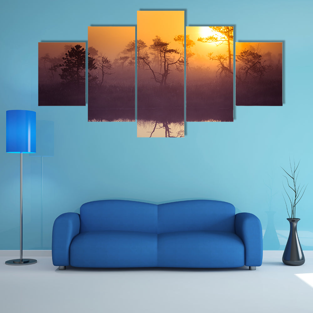 Sun Rising Above Misty Lake Canvas Wall Art