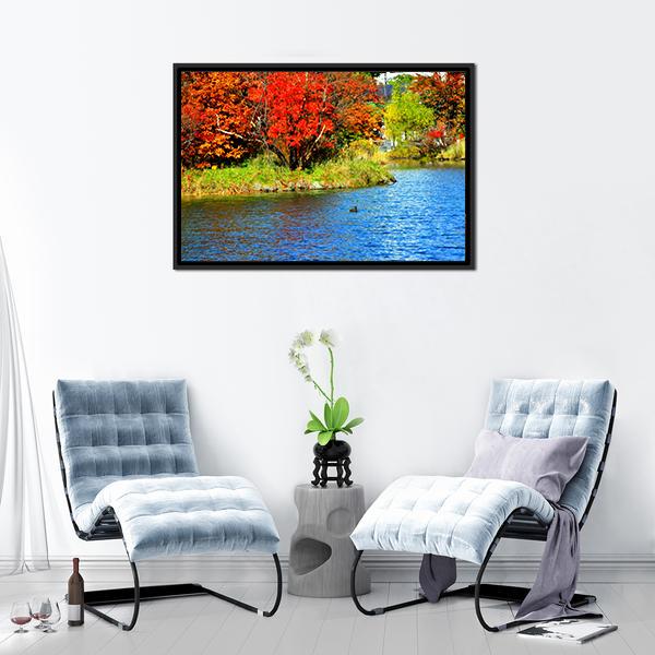 Autumn Lake with Red Foliage Canvas Wall Art