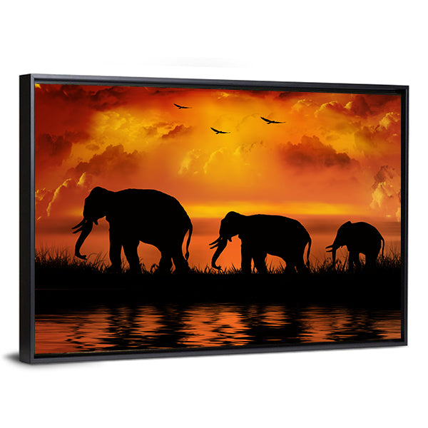 Elephants On Beautiful Sunset Canvas Wall Art