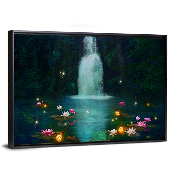 Waterfall with Lotus and Lanterns Canvas Wall Art
