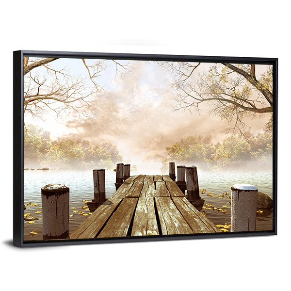 Wooden Dock on Misty Lake Canvas Wall Art