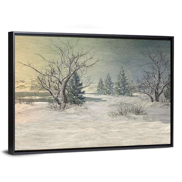 Snow-covered Field with Bare Trees and Mountains Canvas Wall Art