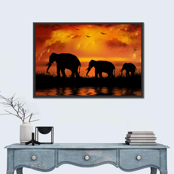 Elephants On Beautiful Sunset Canvas Wall Art