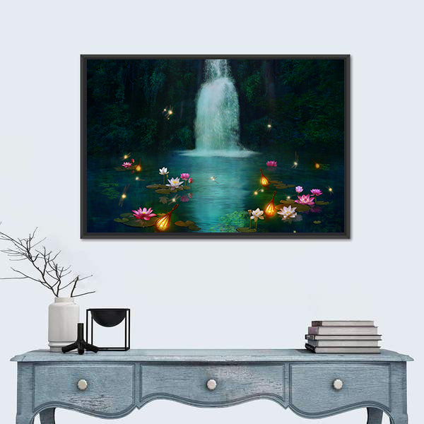 Waterfall with Lotus and Lanterns Canvas Wall Art