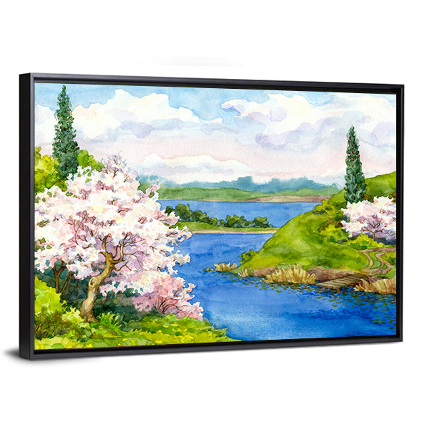 Spring Cherry Blossom Lake Landscape Canvas Wall Art