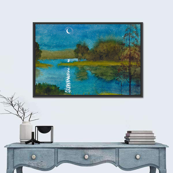 Moonlit Quiet River Watercolor Canvas Wall Art