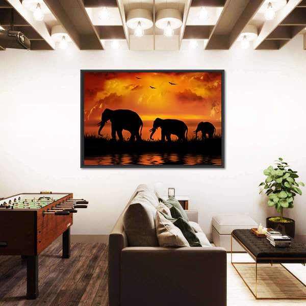 Elephants On Beautiful Sunset Canvas Wall Art