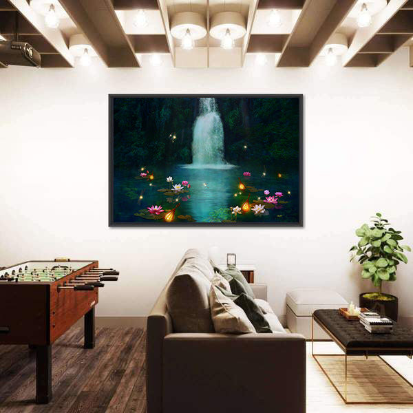 Waterfall with Lotus and Lanterns Canvas Wall Art