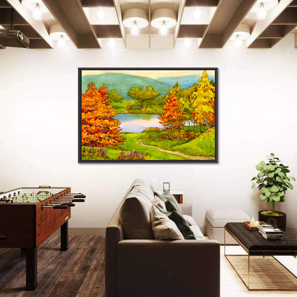 Watercolor Autumn Landscape with Winding Path Canvas Wall Art