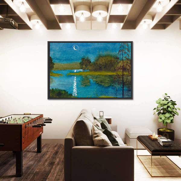 Moonlit Quiet River Watercolor Canvas Wall Art