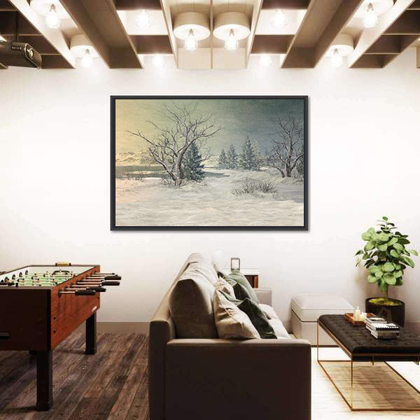 Snow-covered Field with Bare Trees and Mountains Canvas Wall Art