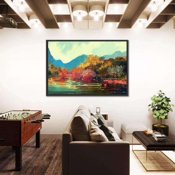 Autumn Lake Forest Illustration Canvas Wall Art