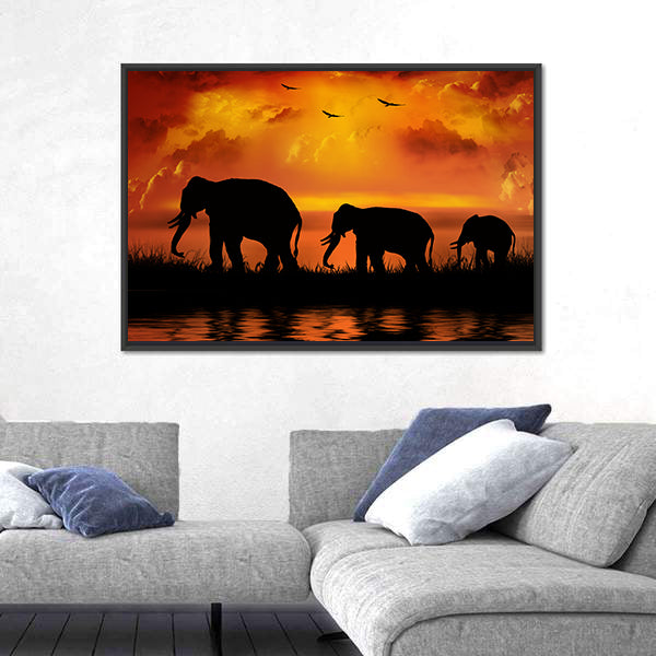 Elephants On Beautiful Sunset Canvas Wall Art