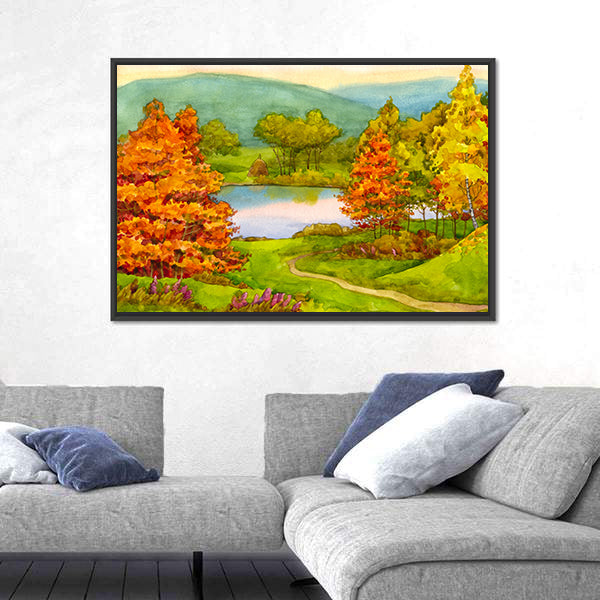 Watercolor Autumn Landscape with Winding Path Canvas Wall Art
