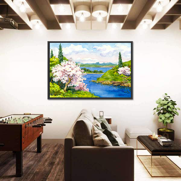 Spring Cherry Blossom Lake Landscape Canvas Wall Art
