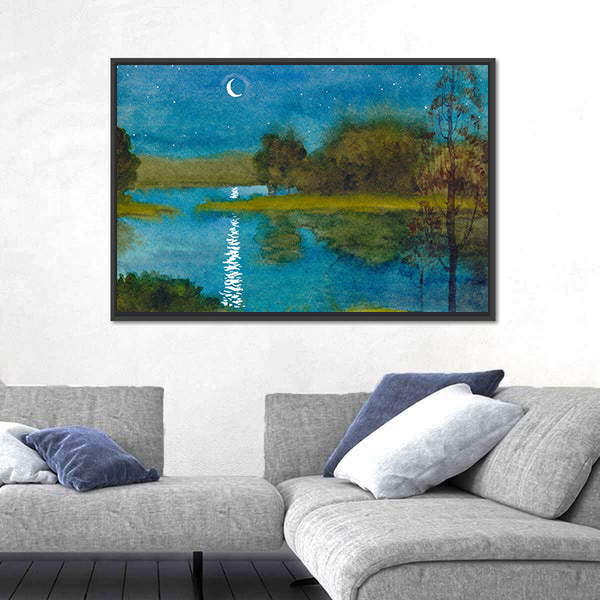 Moonlit Quiet River Watercolor Canvas Wall Art