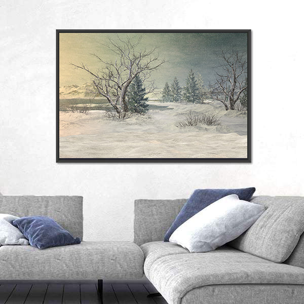 Snow-covered Field with Bare Trees and Mountains Canvas Wall Art