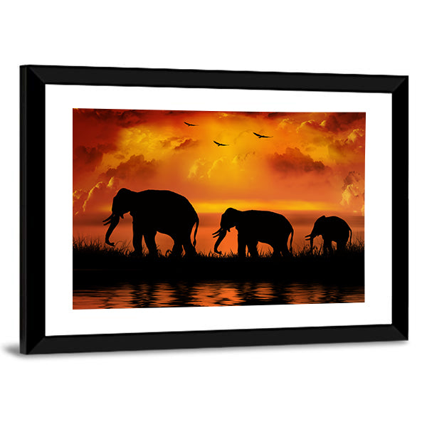 Elephants On Beautiful Sunset Canvas Wall Art