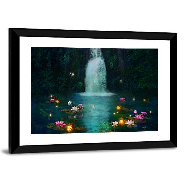 Waterfall with Lotus and Lanterns Canvas Wall Art