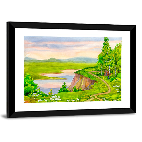 Watercolor Spring Landscape Canvas Wall Art in green, blue and pink, framed canvas, product view on a white background