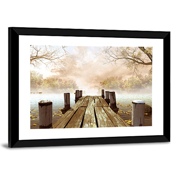 Wooden Dock on Misty Lake Canvas Wall Art