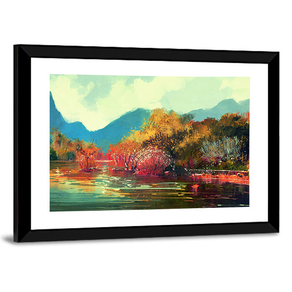 Autumn Lake Forest Illustration Canvas Wall Art