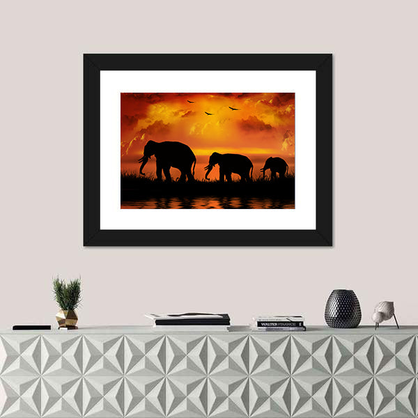 Elephants On Beautiful Sunset Canvas Wall Art