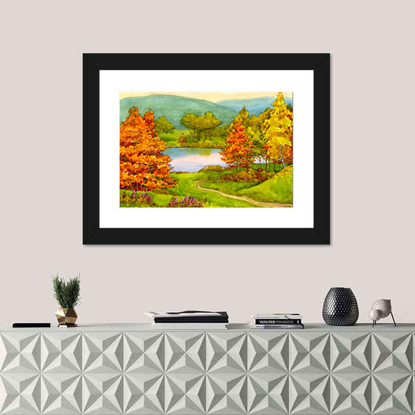 Watercolor Autumn Landscape with Winding Path Canvas Wall Art