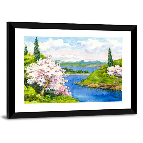 Spring Cherry Blossom Lake Landscape Canvas Wall Art in green, blue and pink, framed canvas, product view on a white background