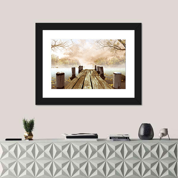 Wooden Dock on Misty Lake Canvas Wall Art