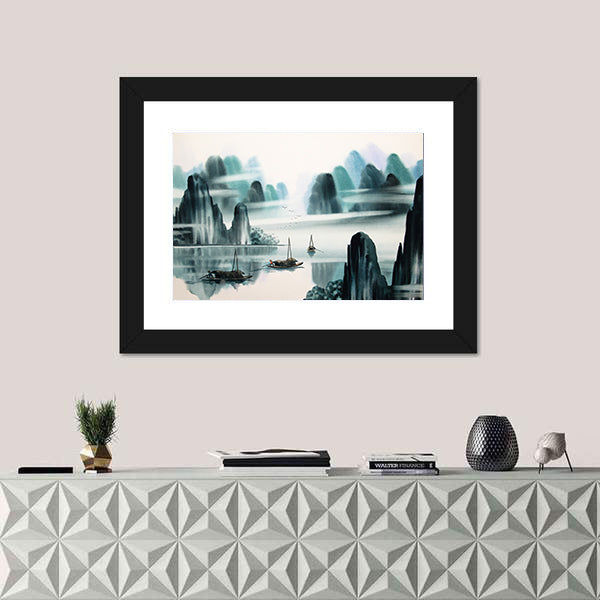 Misty River Chinese Watercolor Landscape Canvas Wall Art
