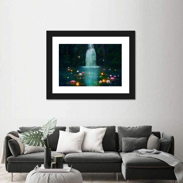 Waterfall with Lotus and Lanterns Canvas Wall Art