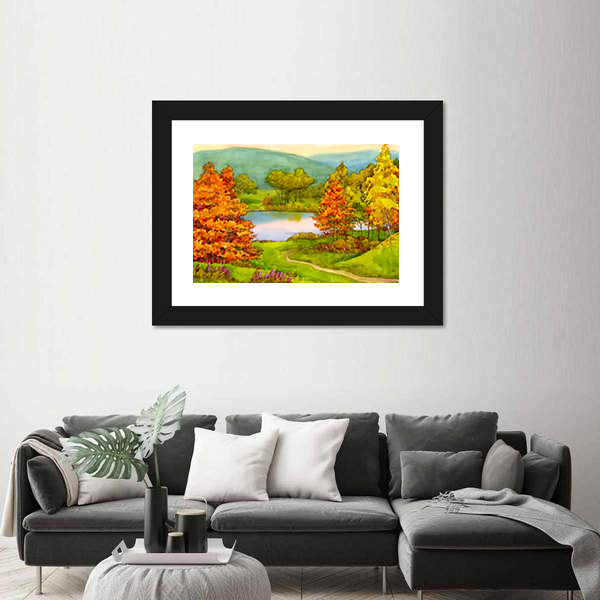 Watercolor Autumn Landscape with Winding Path Canvas Wall Art