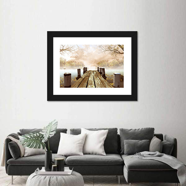 Wooden Dock on Misty Lake Canvas Wall Art