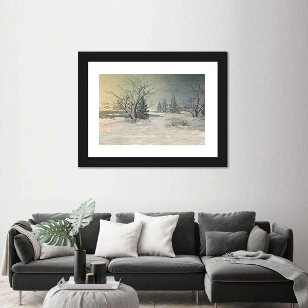 Snow-covered Field with Bare Trees and Mountains Canvas Wall Art