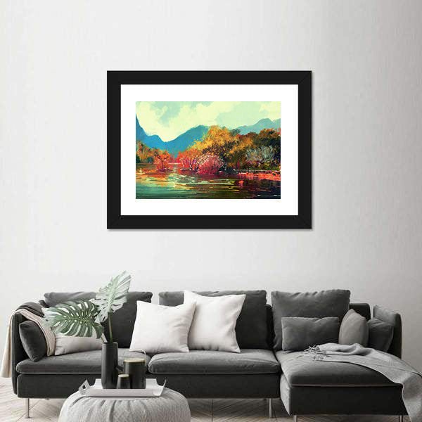 Autumn Lake Forest Illustration Canvas Wall Art