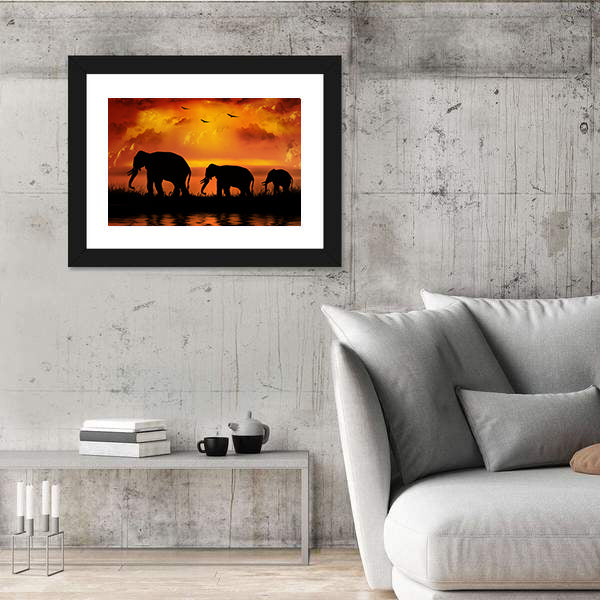 Elephants On Beautiful Sunset Canvas Wall Art
