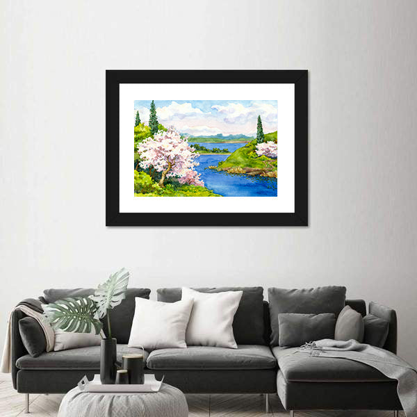 Spring Cherry Blossom Lake Landscape Canvas Wall Art