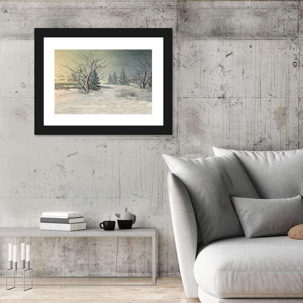 Snow-covered Field with Bare Trees and Mountains Canvas Wall Art