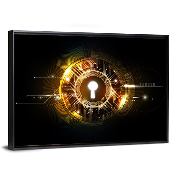 Glowing Keyhole Abstract Canvas Wall Art in black, gold and yellow, framed canvas, product view on a white background