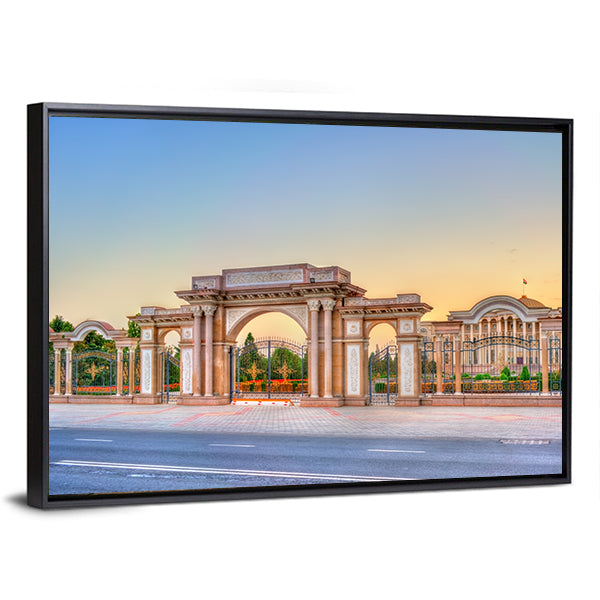 President Palace Of Nation Tajikistan Canvas Wall Art in beige, orange and blue, framed canvas, product view on a white background