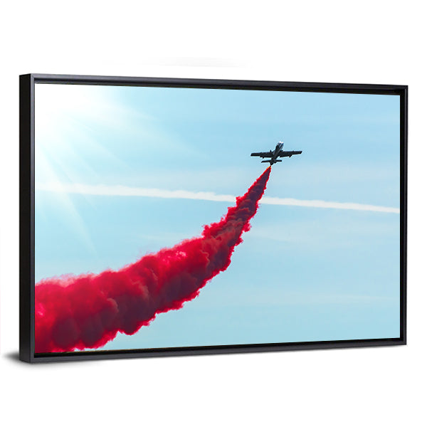 Airplane fly With Red Trail Smoke Canvas Wall Art