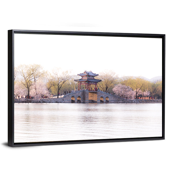Beijing Palace with Cherry Blossoms Canvas Wall Art in white, beige and pink, framed canvas, product view on a white background