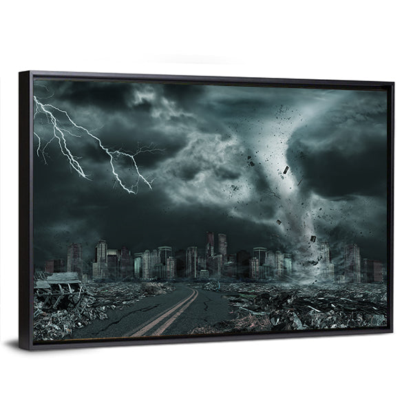 Tornado Over Ruined City Skyline Canvas Wall Art