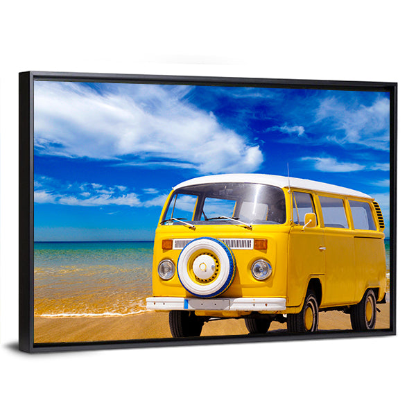 Yellow Vintage Van on Sandy Beach Canvas Wall Art