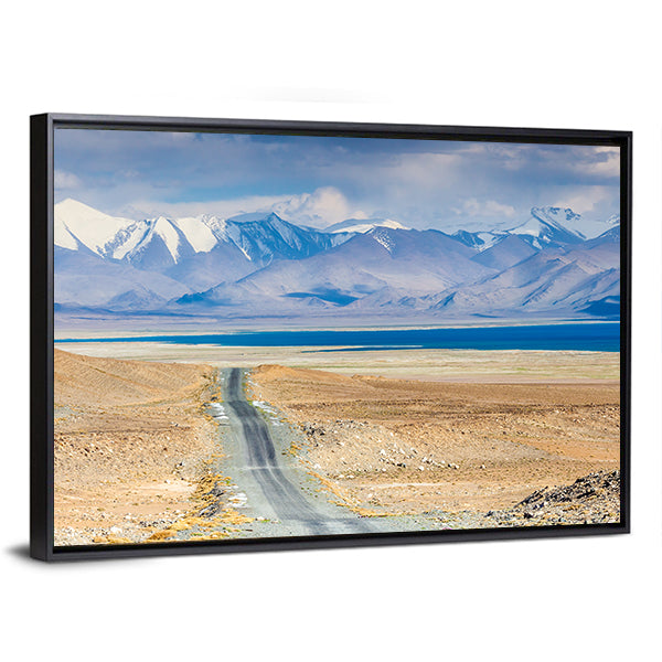Karakul Lake In Pamir In Tajikistan Canvas Wall Art in beige, brown and blue, framed canvas, product view on a white background